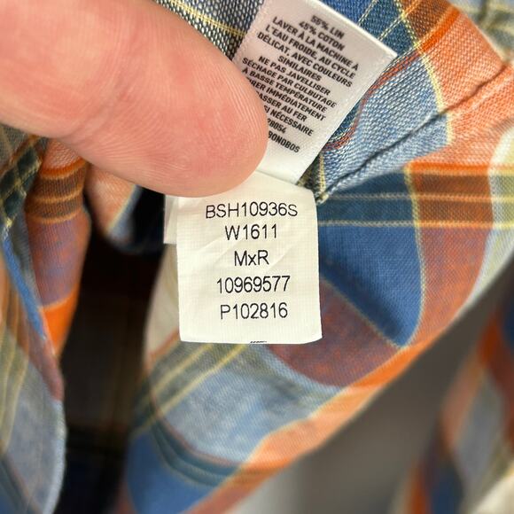 Bonobos Linen Blend Blue Plaid Button Up Shirt Long Sleeve Rust Men's Size M - Picture 7 of 11
